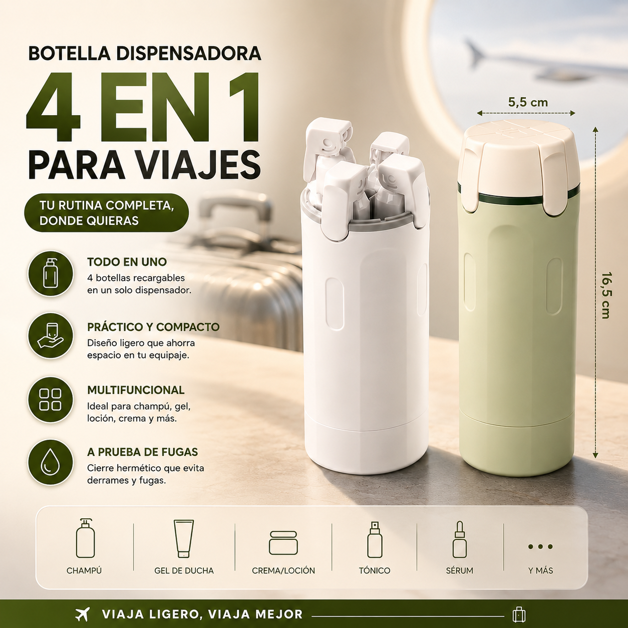 Botella Dispensadora Para Viaje 4 en 1