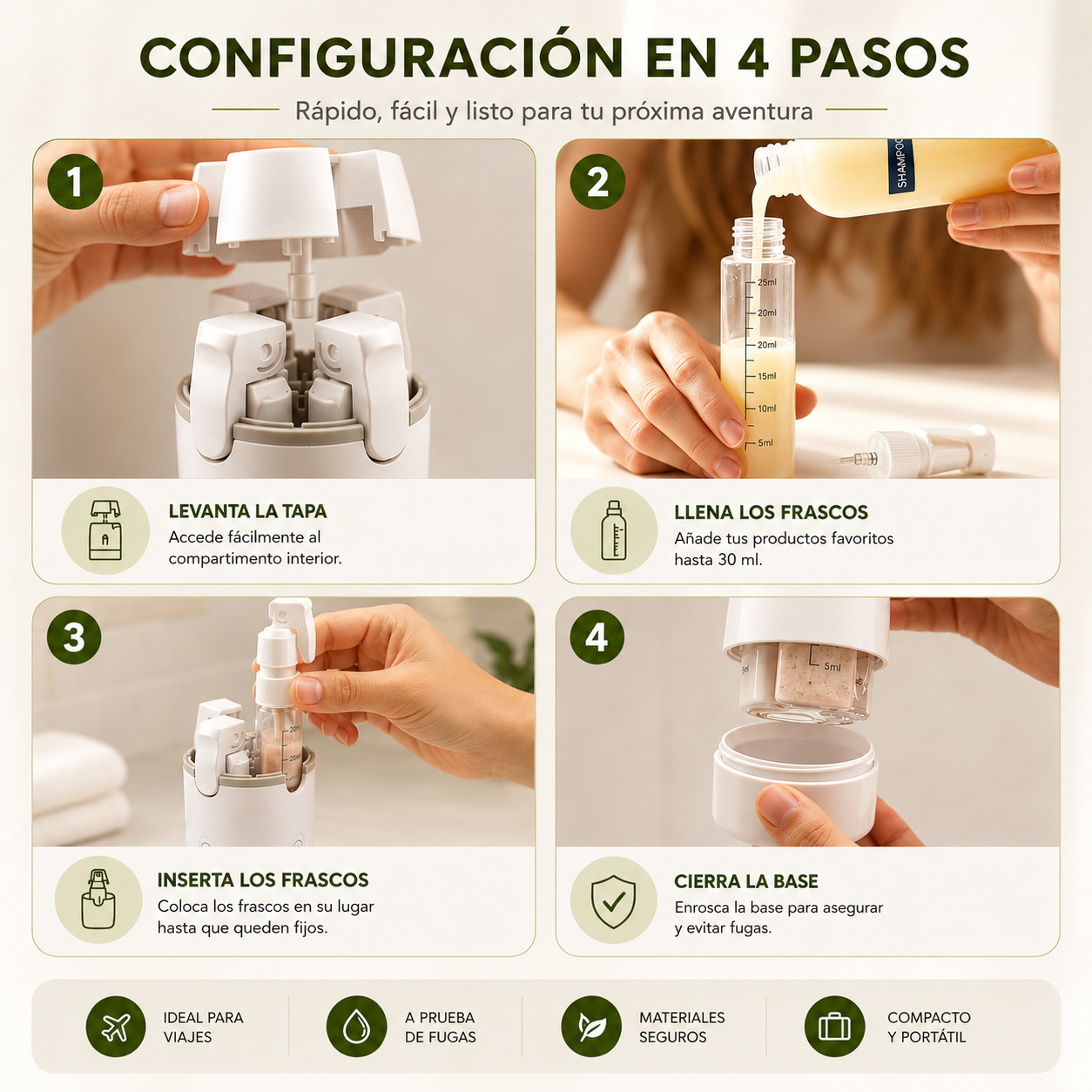Botella Dispensadora Para Viaje 4 en 1