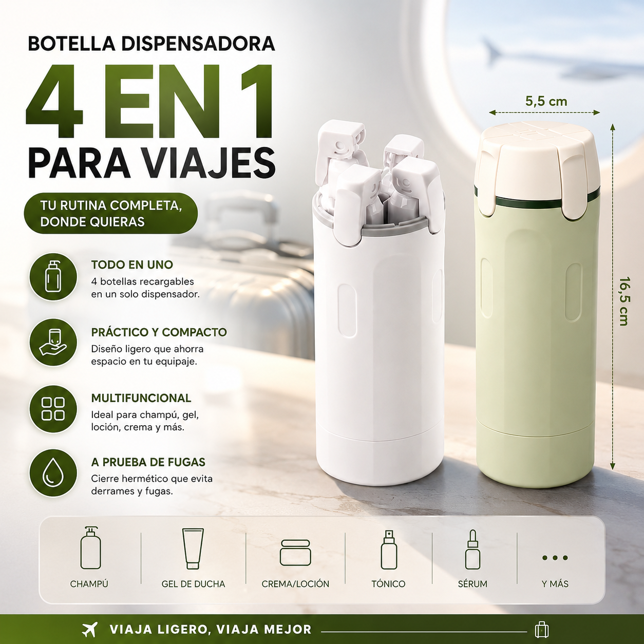 Botella Dispensadora Para Viaje 4 en 1